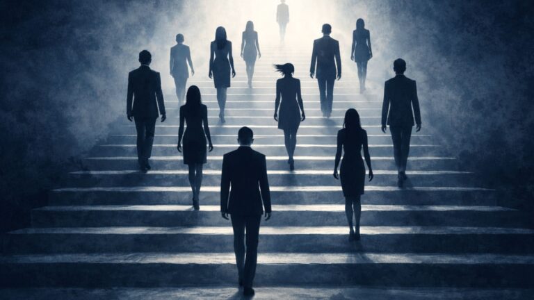 Mixed professional silhouettes ascending steps representing talent progression and succession planning