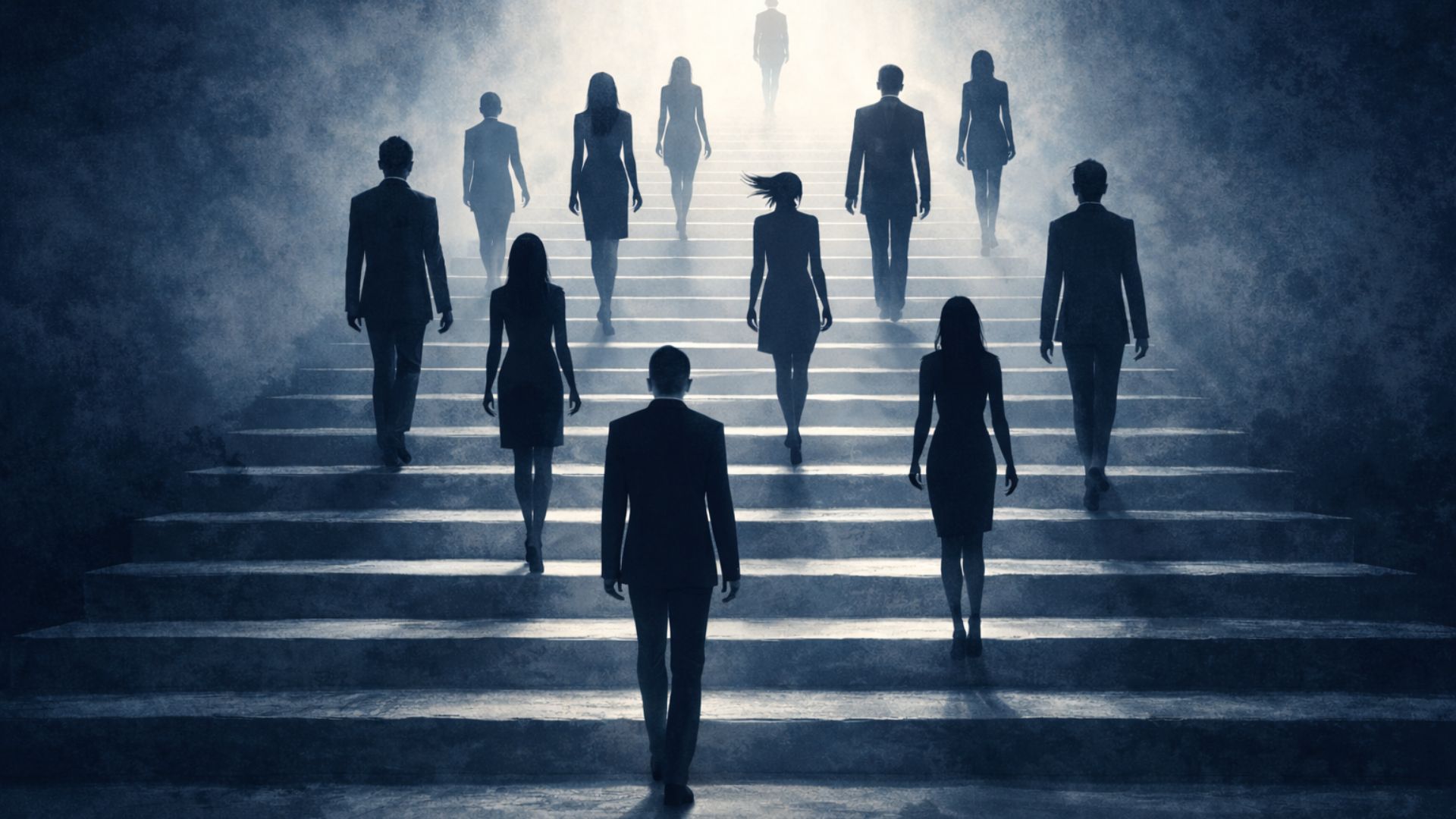 Mixed professional silhouettes ascending steps representing talent progression and succession planning